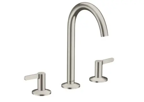 Edelstahl-Waschtischarmatur von AXOR mit zwei seitlichen Hebeln und hohem Auslauf. Push-Open Ablaufgarnitur ist integriert. Klar strukturiertes Design.